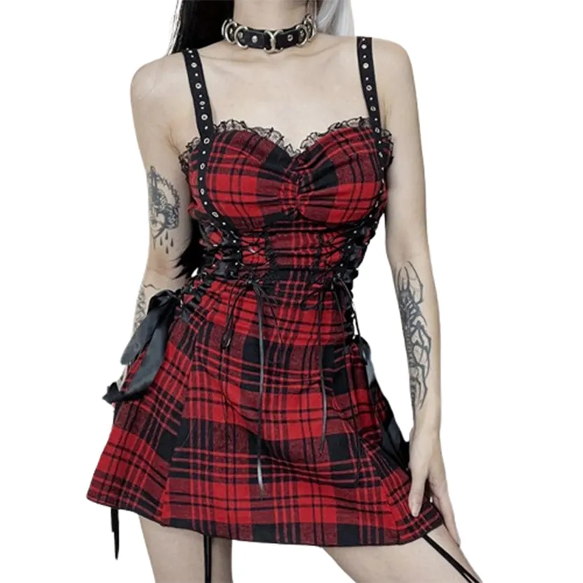 Funki Buys | Dresses | Women's Alt Goth Red Plaid Lolita Dress