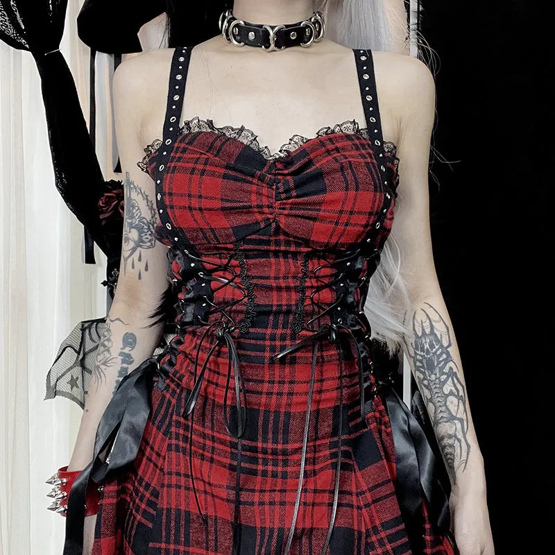 Funki Buys | Dresses | Women's Alt Goth Red Plaid Lolita Dress