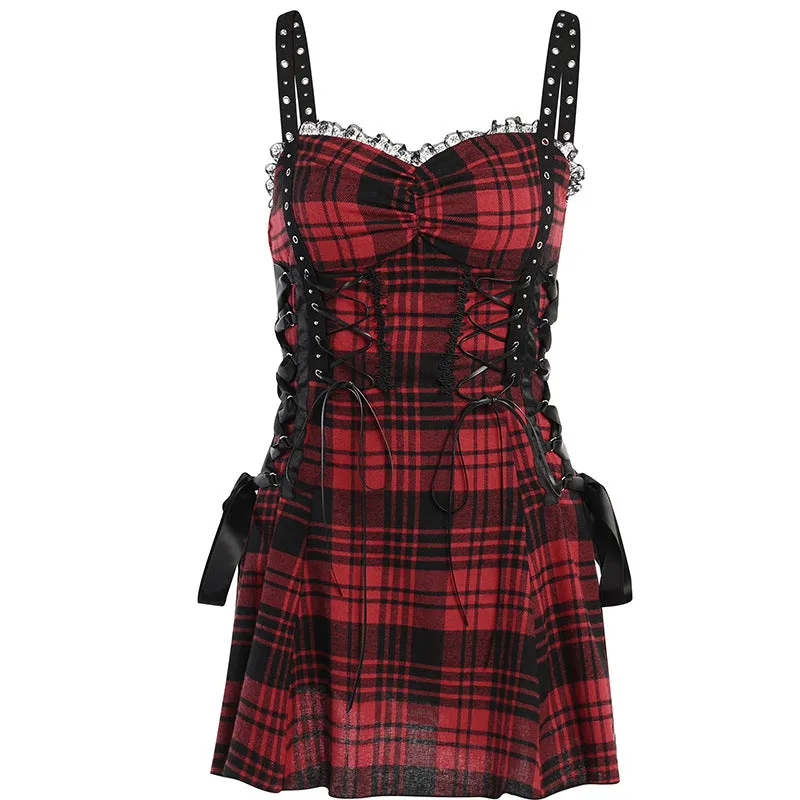 Funki Buys | Dresses | Women's Alt Goth Red Plaid Lolita Dress