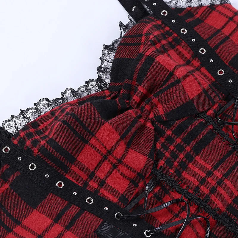 Funki Buys | Dresses | Women's Alt Goth Red Plaid Lolita Dress