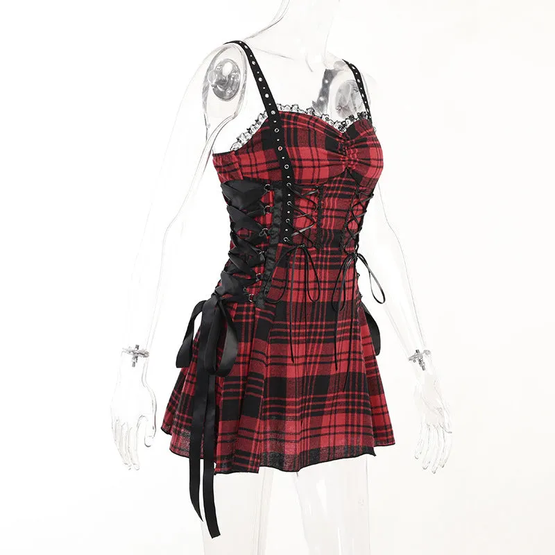 Funki Buys | Dresses | Women's Alt Goth Red Plaid Lolita Dress