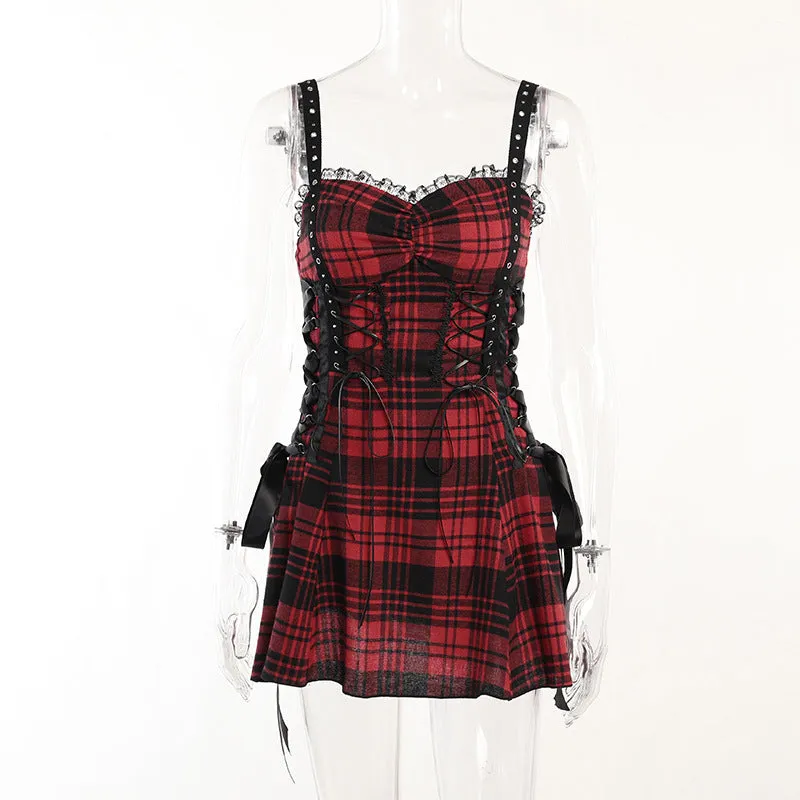 Funki Buys | Dresses | Women's Alt Goth Red Plaid Lolita Dress