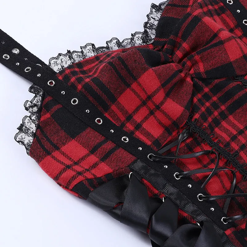 Funki Buys | Dresses | Women's Alt Goth Red Plaid Lolita Dress