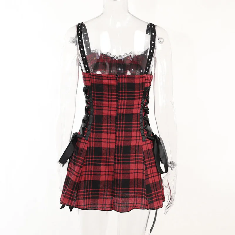 Funki Buys | Dresses | Women's Alt Goth Red Plaid Lolita Dress