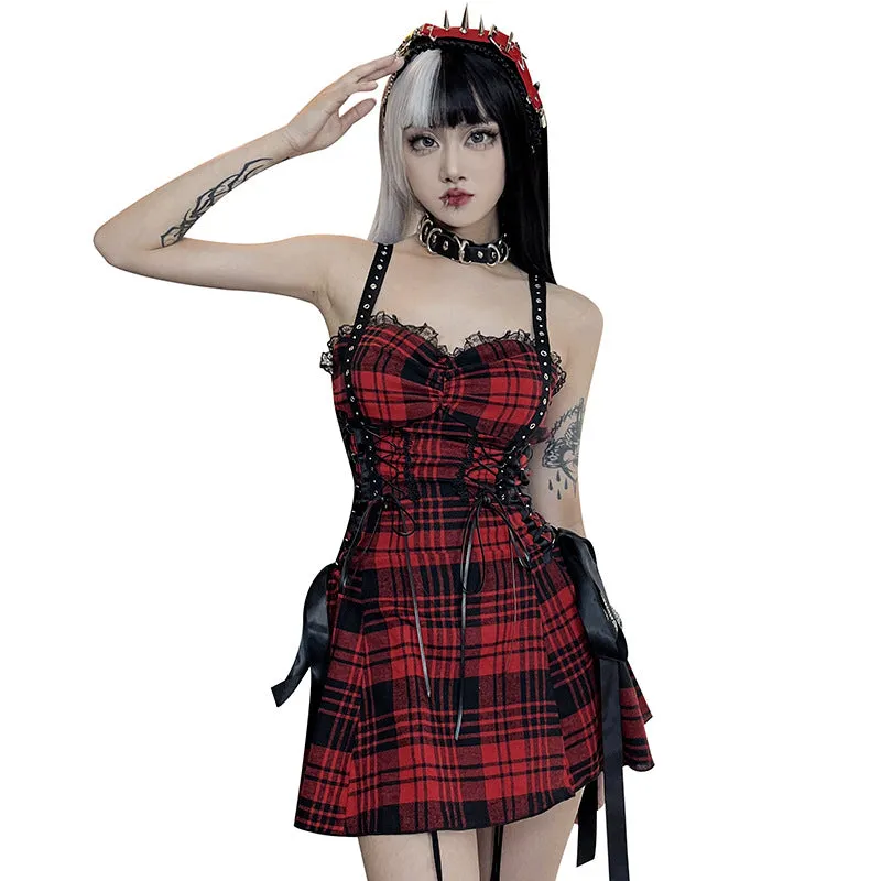 Funki Buys | Dresses | Women's Alt Goth Red Plaid Lolita Dress