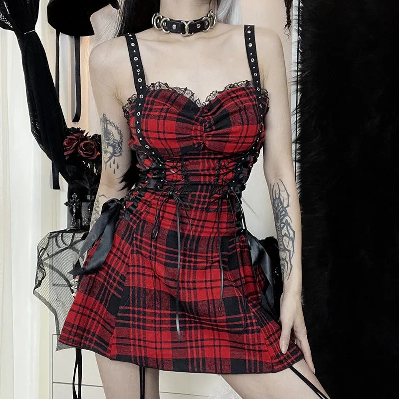 Funki Buys | Dresses | Women's Alt Goth Red Plaid Lolita Dress