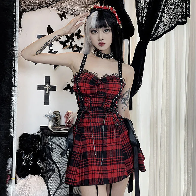 Funki Buys | Dresses | Women's Alt Goth Red Plaid Lolita Dress