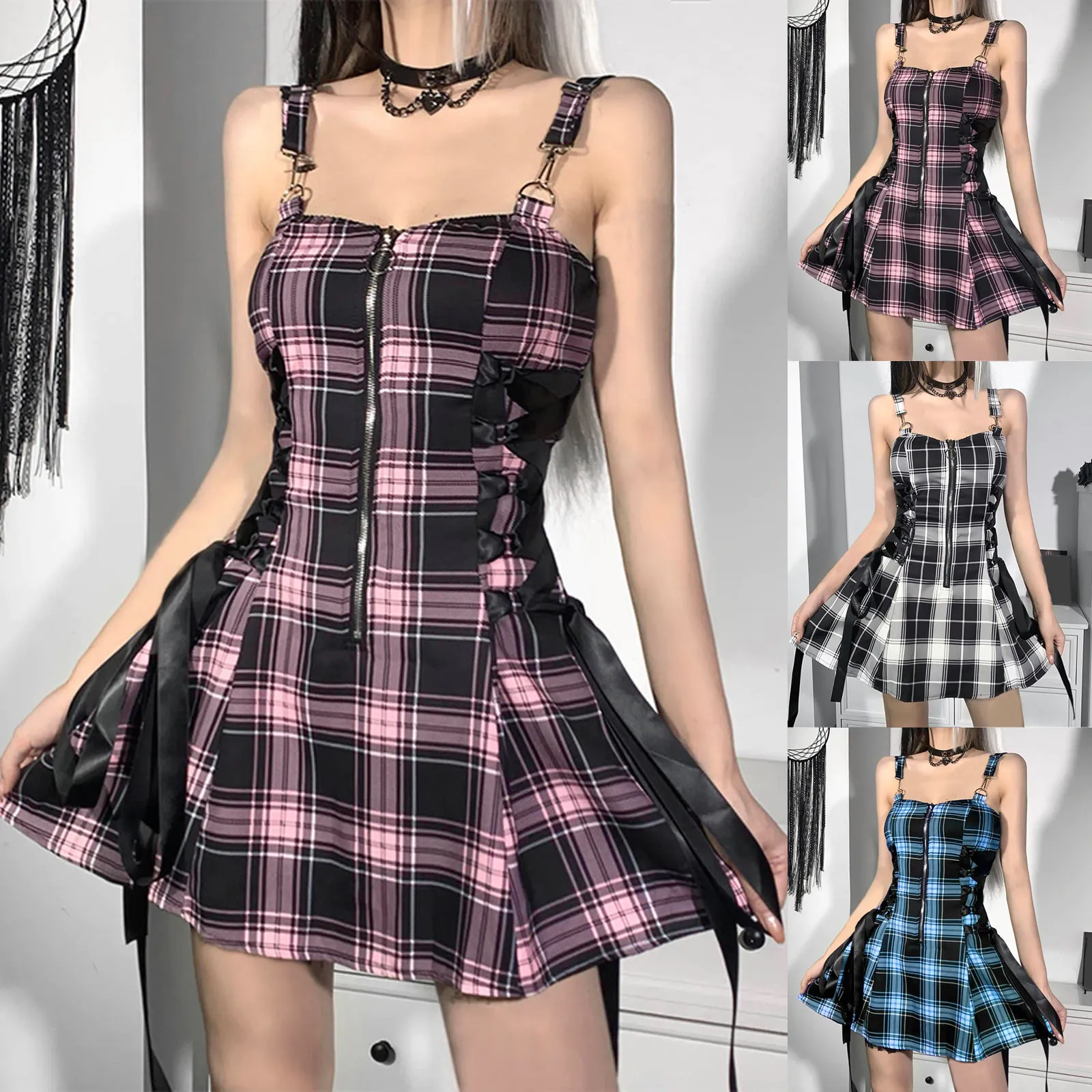 Funki Buys | Dresses | Women's Fairy Grunge Plaid Mini Dress