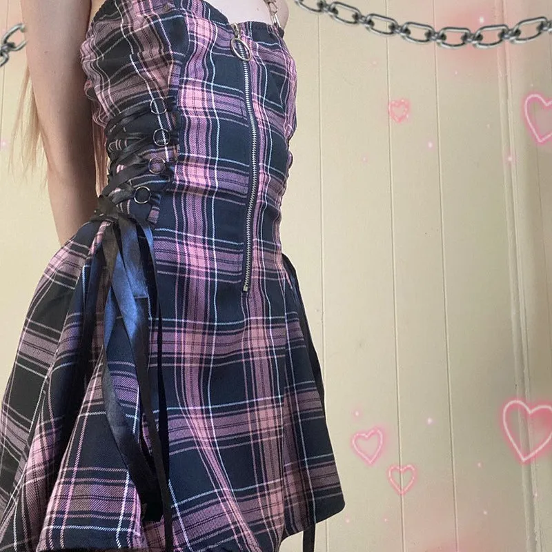 Funki Buys | Dresses | Women's Fairy Grunge Plaid Mini Dress