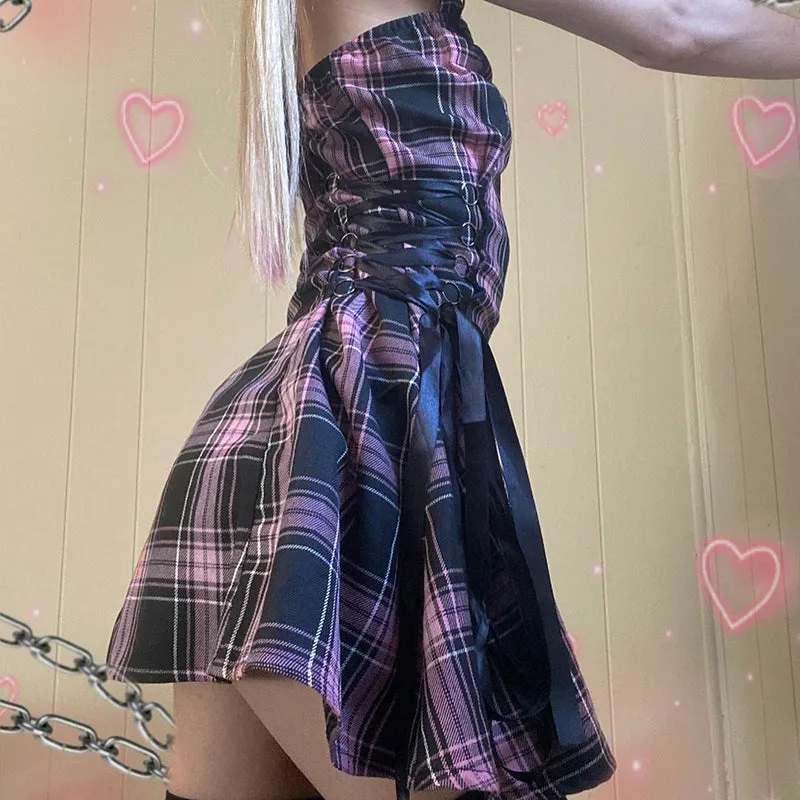 Funki Buys | Dresses | Women's Fairy Grunge Plaid Mini Dress