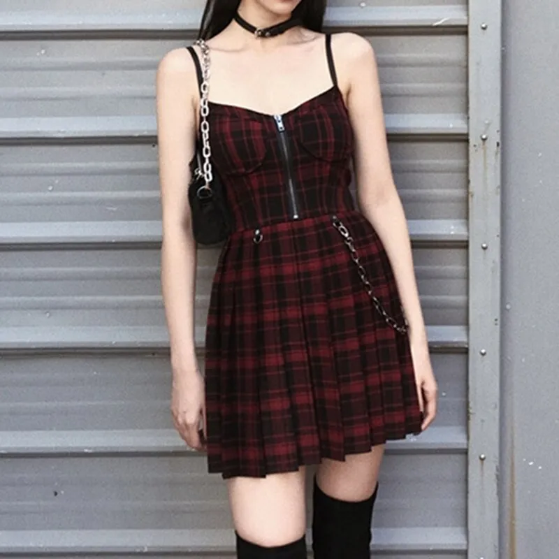 Funki Buys | Dresses | Women's Gothic Plaid Pleated Dress