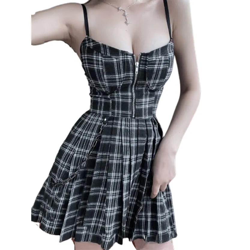 Funki Buys | Dresses | Women's Gothic Plaid Pleated Dress