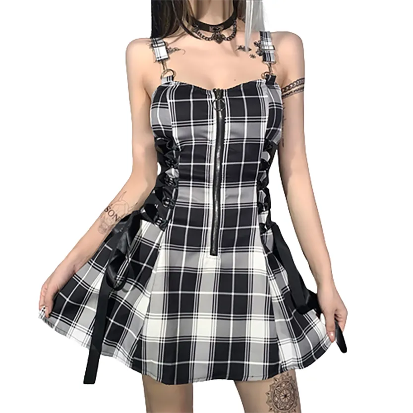 Funki Buys | Dresses | Women's Gothic Plaid Pleated Dress