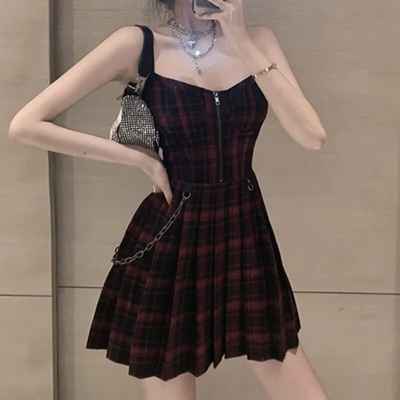 Funki Buys | Dresses | Women's Gothic Plaid Pleated Dress