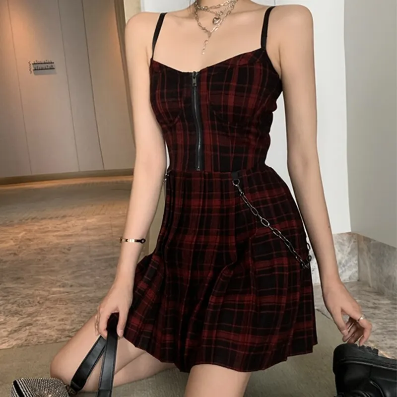 Funki Buys | Dresses | Women's Gothic Plaid Pleated Dress