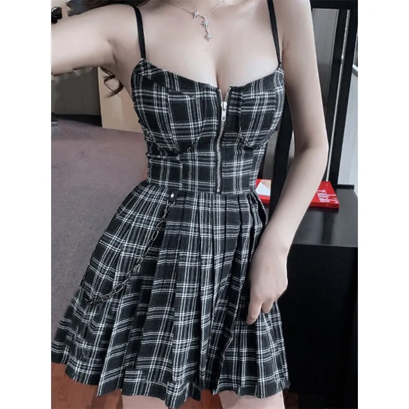 Funki Buys | Dresses | Women's Gothic Plaid Pleated Dress