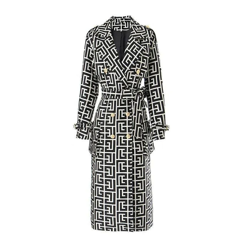 Geometric Pattern Long Trench Coat in Cotton Blend