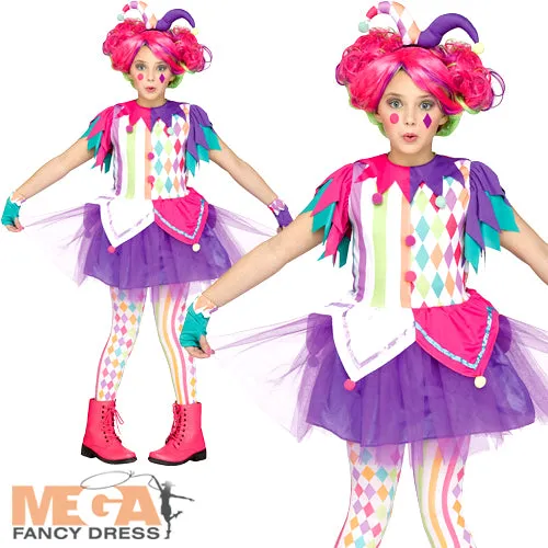 Girls Rainbow Harlequin Carnival Jester Costume