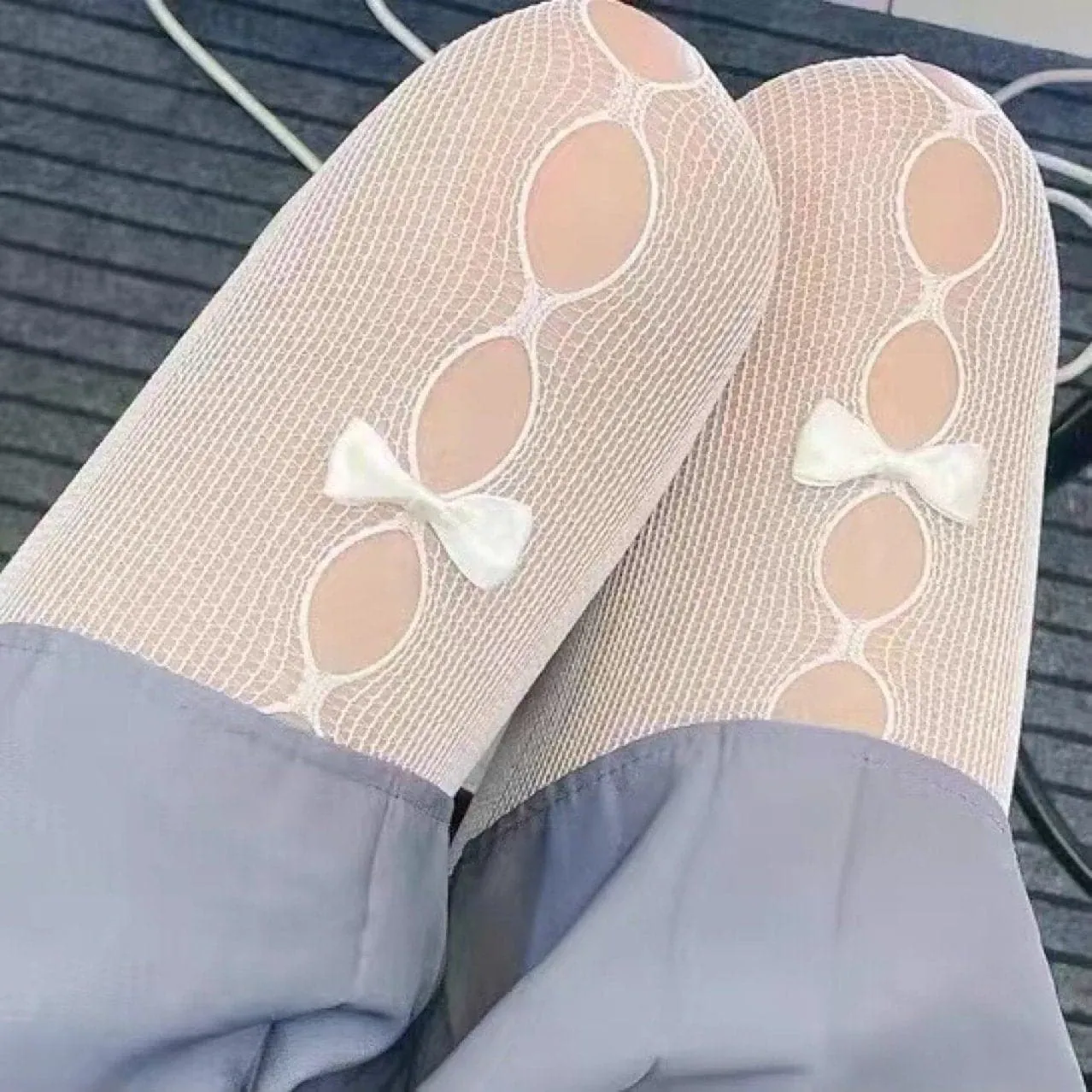 Hollow out bowknot fishnet tights