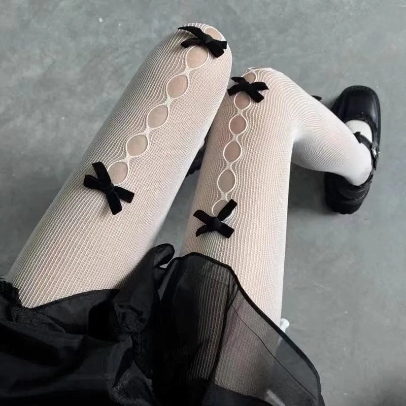 Hollow out bowknot fishnet tights