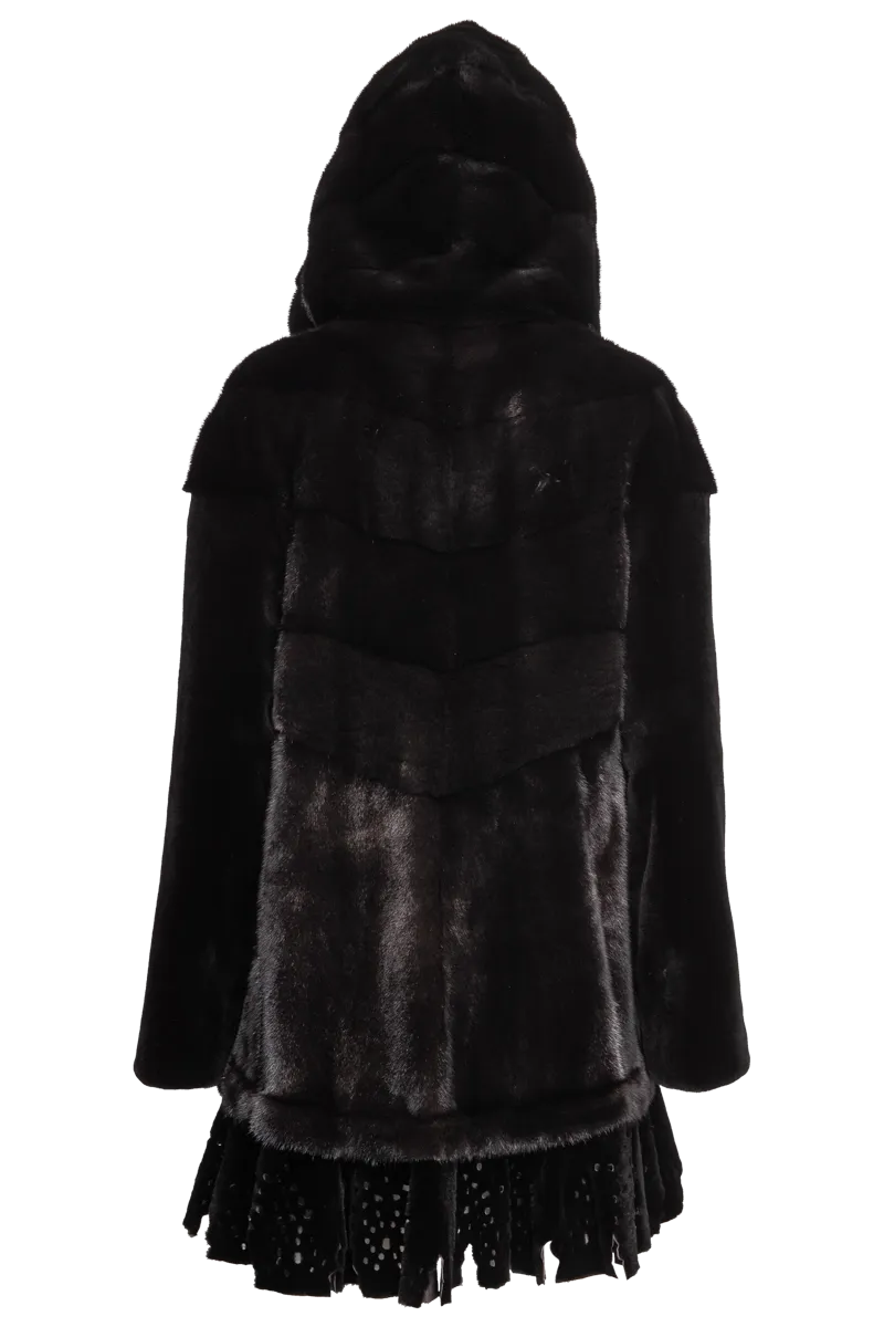 Hooded Directional Black Mid-Length Mink Fur Coat - Lace Bottom