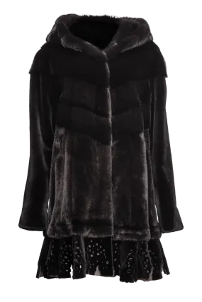 Hooded Directional Black Mid-Length Mink Fur Coat - Lace Bottom