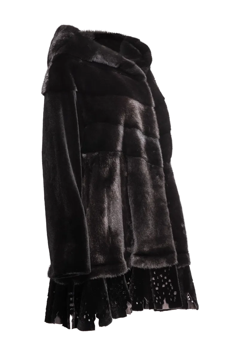 Hooded Directional Black Mid-Length Mink Fur Coat - Lace Bottom