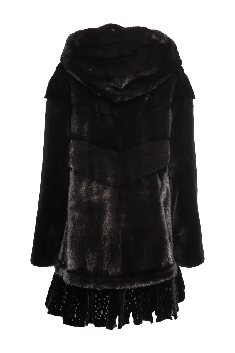 Hooded Directional Black Mid-Length Mink Fur Coat - Lace Bottom