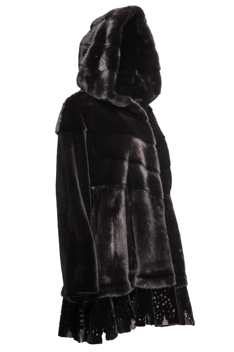 Hooded Directional Black Mid-Length Mink Fur Coat - Lace Bottom