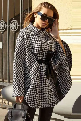 Houndstooth Tie Waist Trench Coat