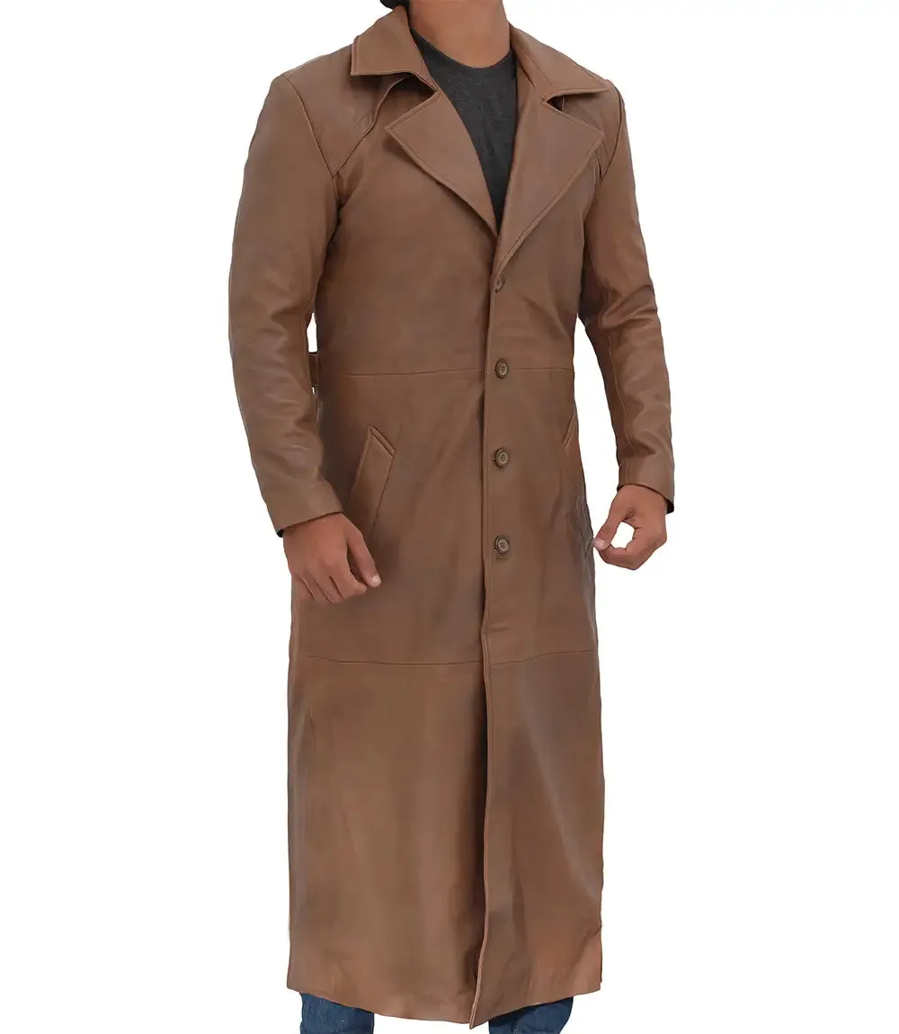 Jackson Men's Distressed Brown Leather Long Trench Coat