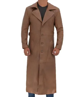 Jackson Men's Distressed Brown Leather Long Trench Coat