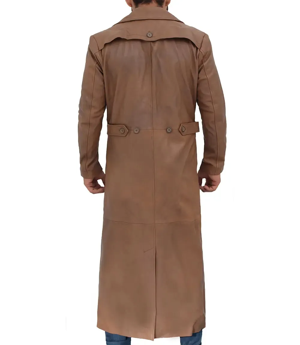 Jackson Men's Distressed Brown Leather Long Trench Coat