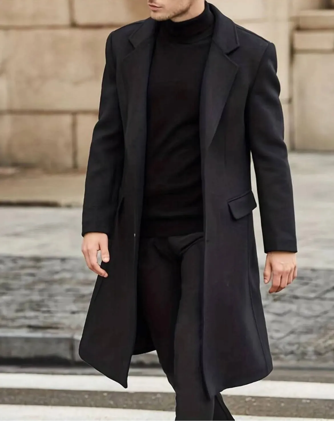 [John Shay] Black Long Single-Breasted Pea Coat –100% Wool