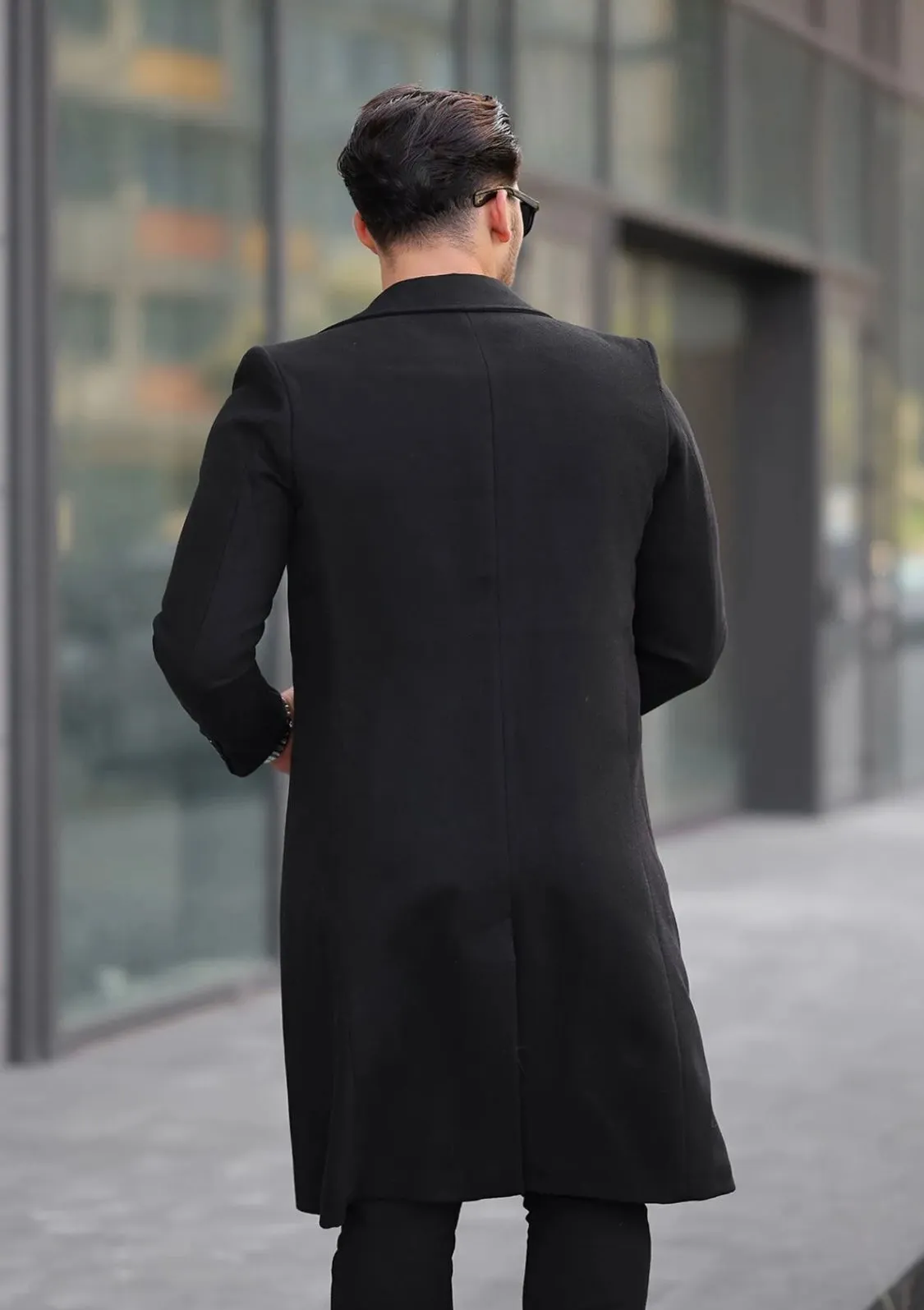 [John Shay] Black Long Single-Breasted Pea Coat –100% Wool