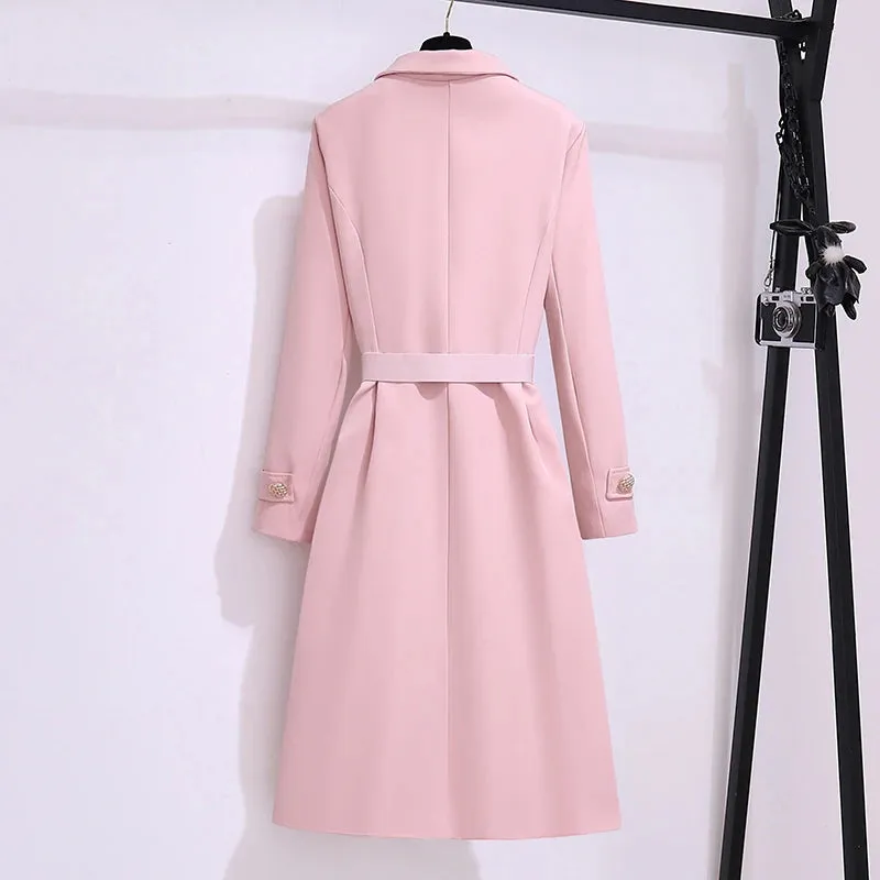 Joskaa Korean Pink Long Coat Jackets for Women 2024 Spring Autumn New Elegant Fashion Slim Long Sleeves and Belt Casual Female Clothing