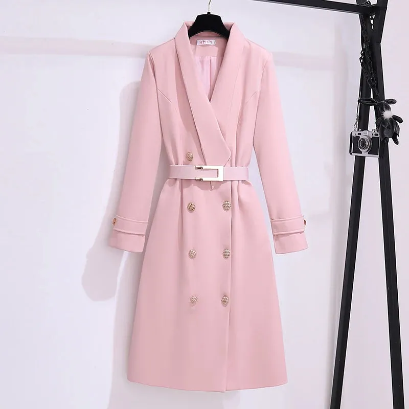 Joskaa Korean Pink Long Coat Jackets for Women 2024 Spring Autumn New Elegant Fashion Slim Long Sleeves and Belt Casual Female Clothing