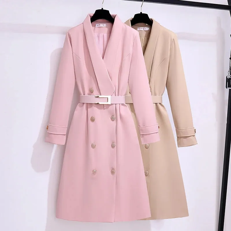 Joskaa Korean Pink Long Coat Jackets for Women 2024 Spring Autumn New Elegant Fashion Slim Long Sleeves and Belt Casual Female Clothing