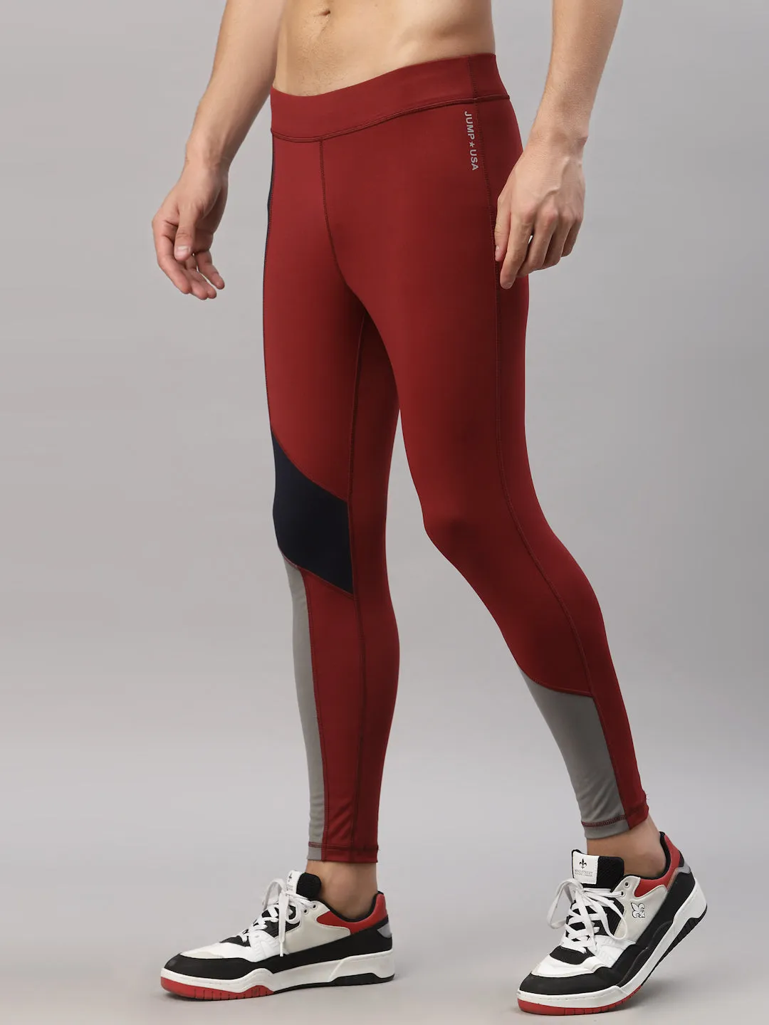 JUMP USA Men Maroon-Navy Blue Rapid Dry-Fit Solid Training Tights