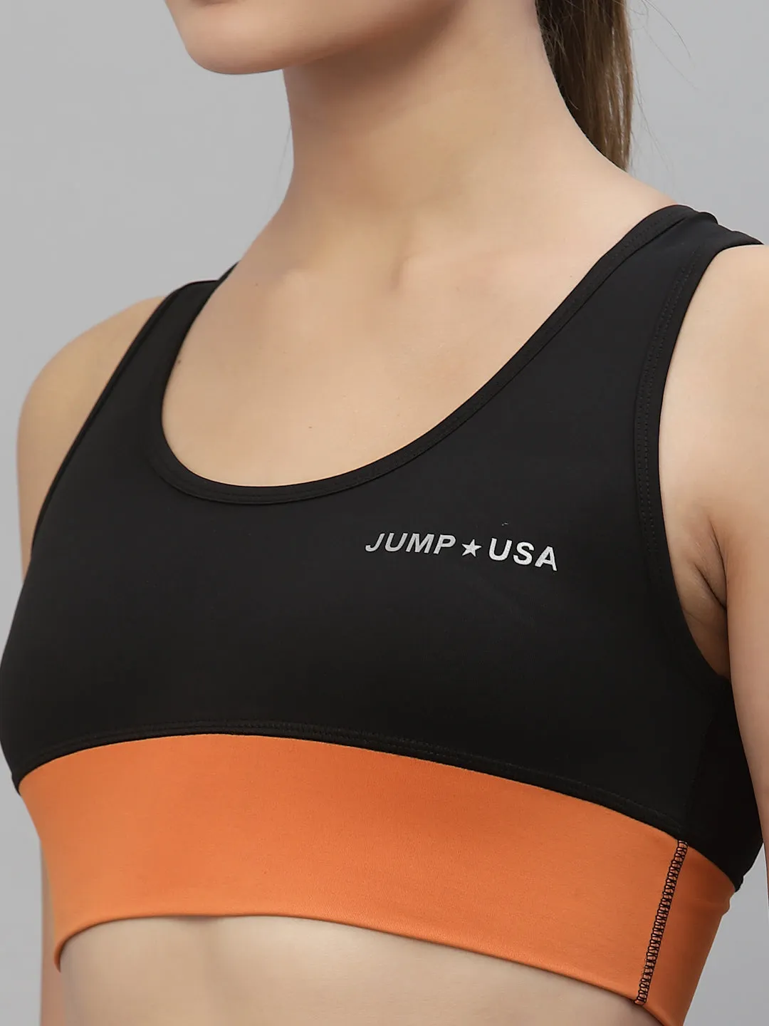 JUMP USA Women Black & Orange Sports Bra & Tights Set