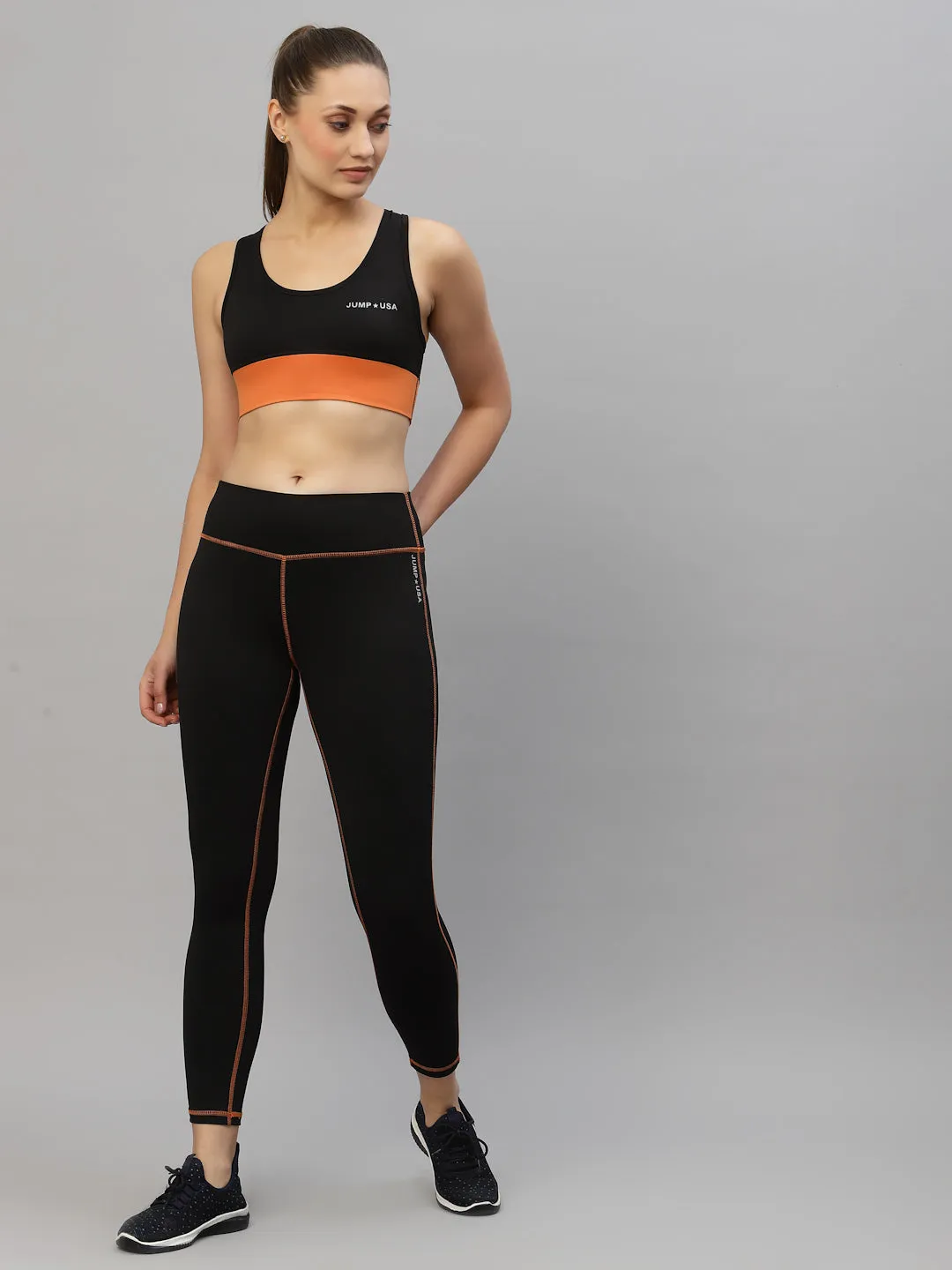 JUMP USA Women Black & Orange Sports Bra & Tights Set