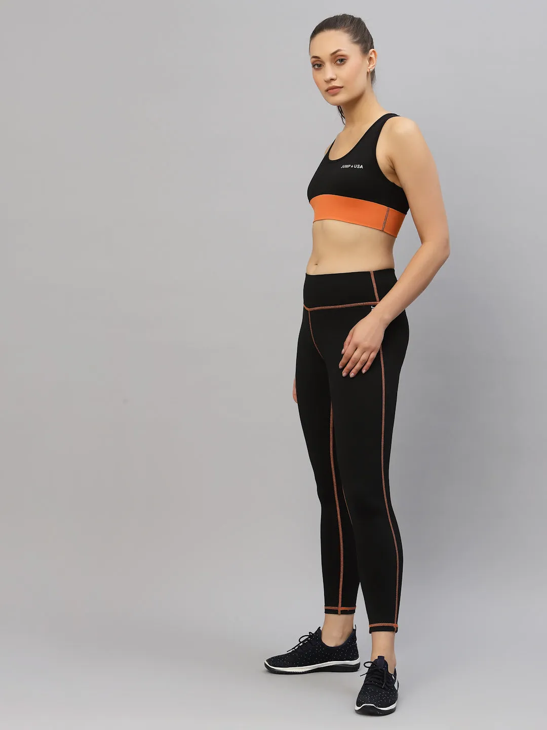 JUMP USA Women Black & Orange Sports Bra & Tights Set