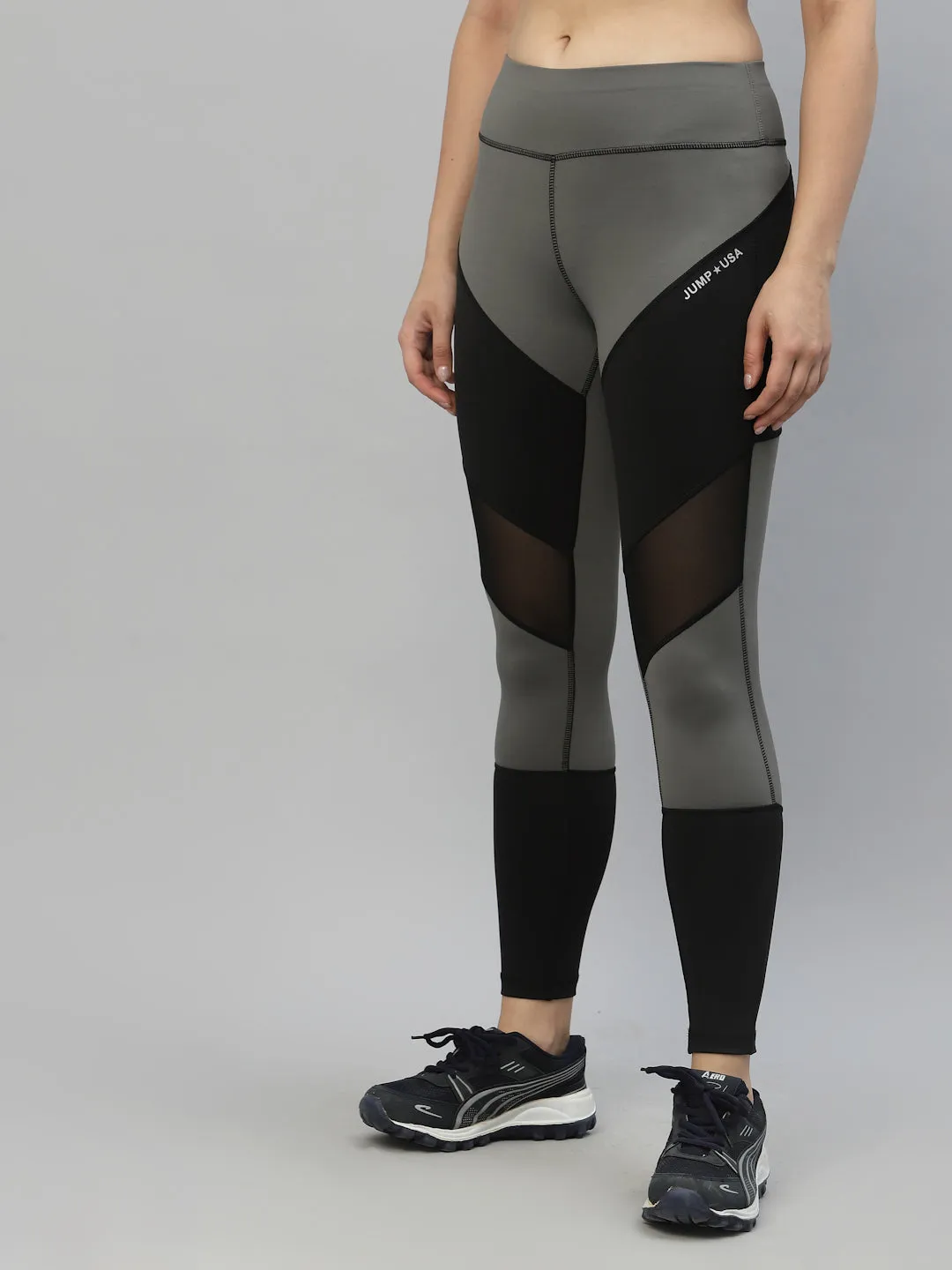 JUMP USA Women Wild Grey & Black Rapid-Dry Fit Running Tights