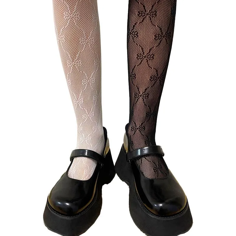 Lace contrast mesh bowknot tights