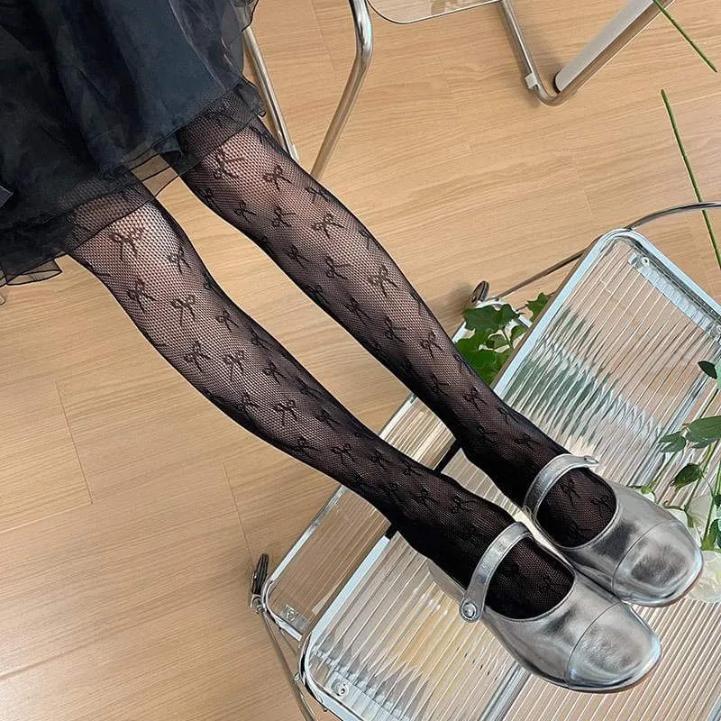 Lace contrast mesh bowknot tights