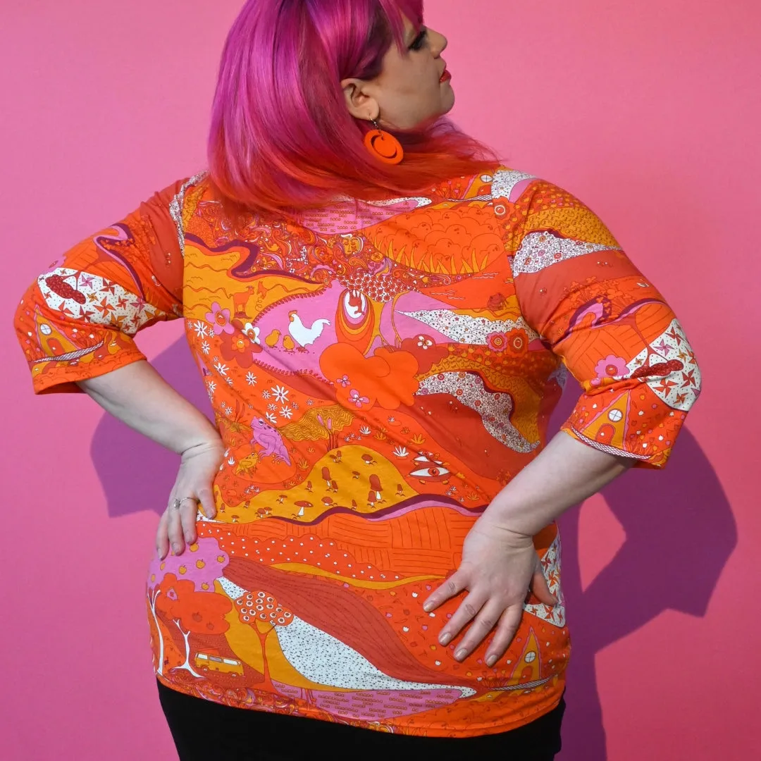 Landscape Print 3/4 Sleeve Knit Top in Hot Tones by Blue Platypus