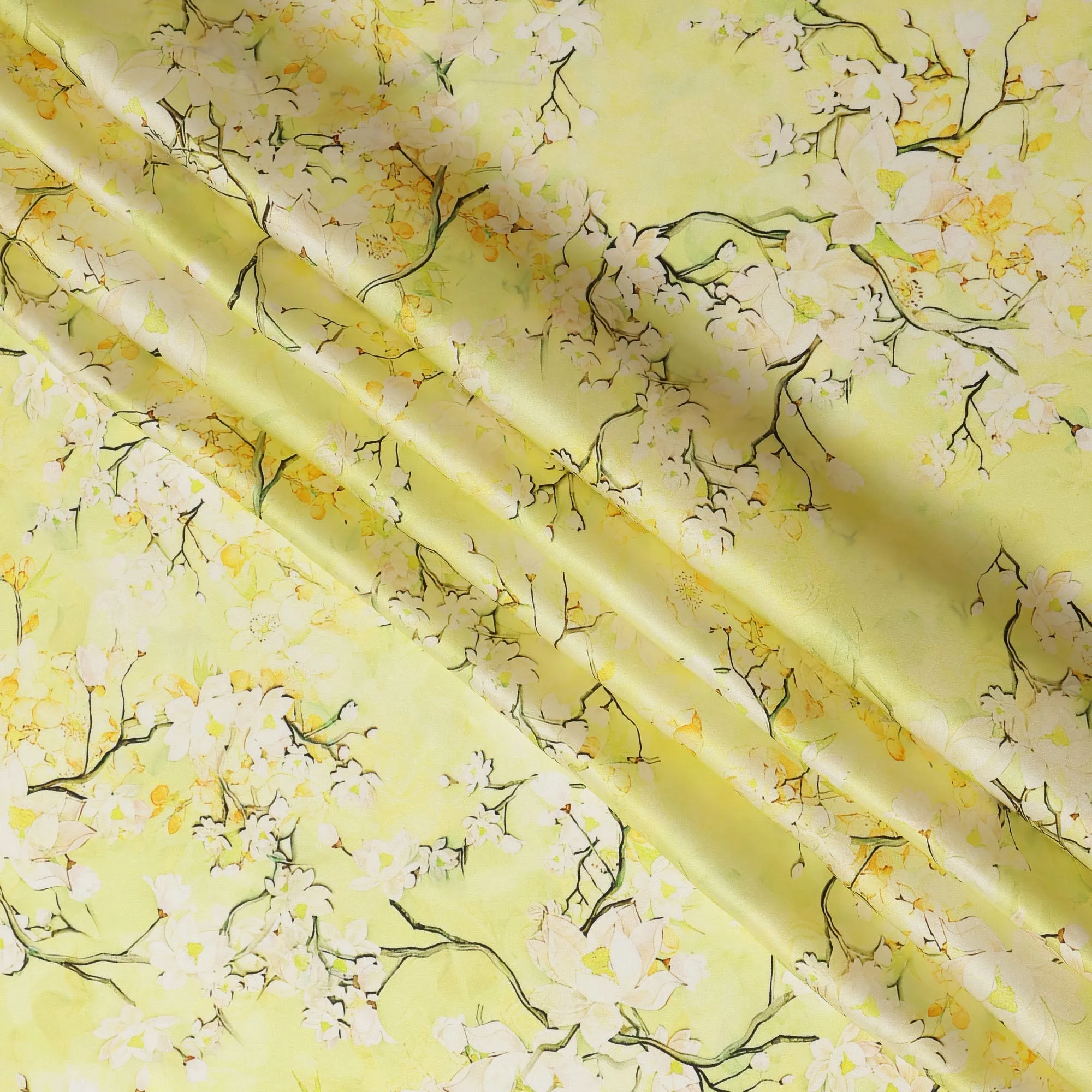 Lemon Yellow Blossom Pure Silk Satin Fabric - 140 cm Width, Made in Italy-D20734