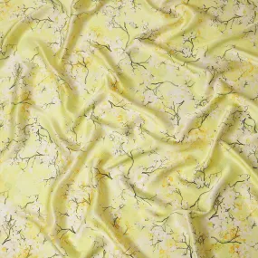 Lemon Yellow Blossom Pure Silk Satin Fabric - 140 cm Width, Made in Italy-D20734