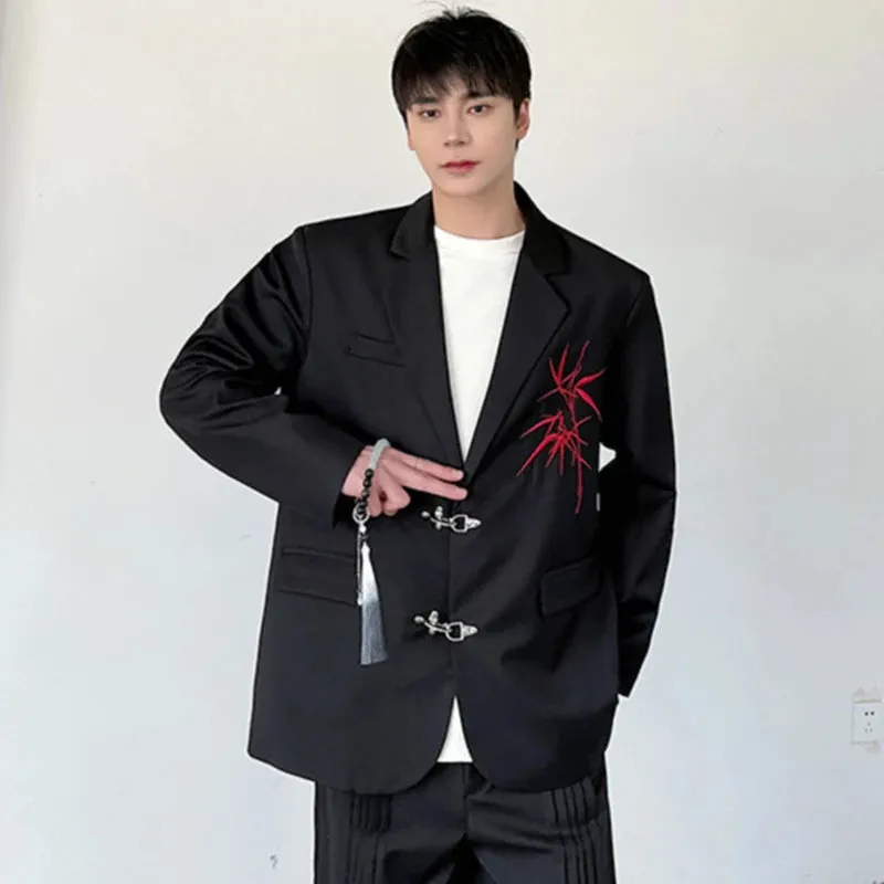 Male Suit Jackets Chinese Style Turn-down Embroidery Contrast Color Pockets Baggy Men's Blazers Casual Men Wear 9C4977