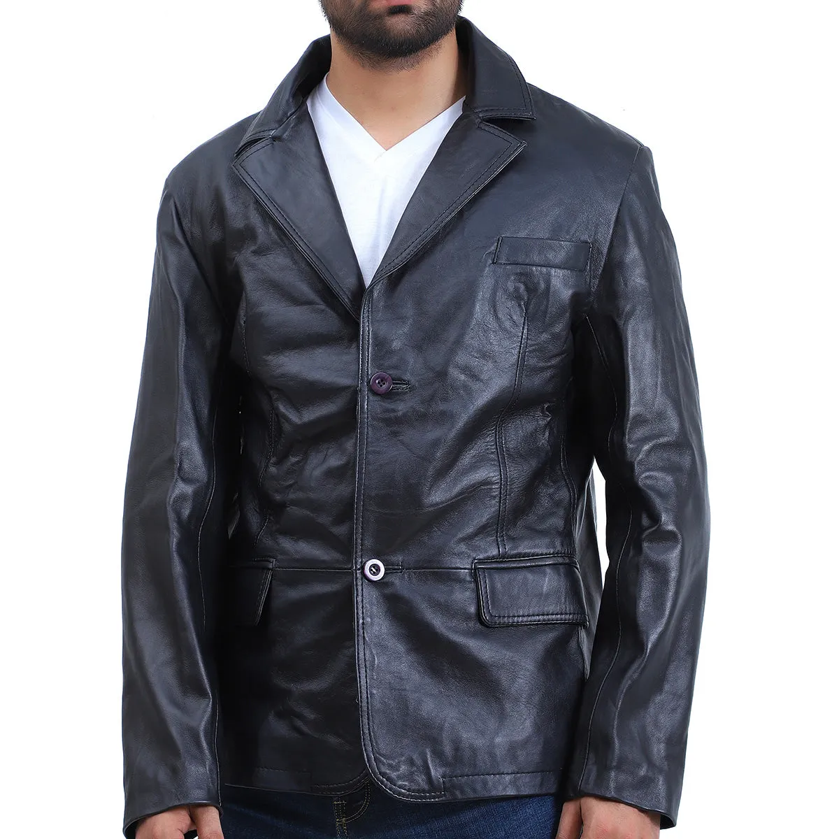 Mens 2 Button Black Leather Coat